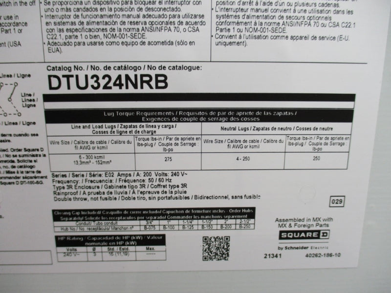 SQUARE D DTU324NRB SER. E02 240VAC 200A NSMP