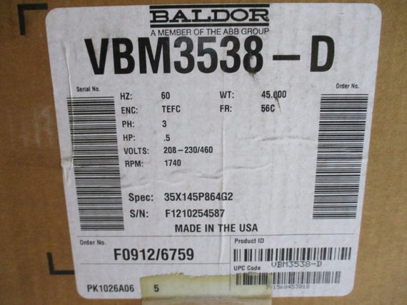 BALDOR VBM3538-D 208-230/460V 2.42-2.24/1.12A NSMP