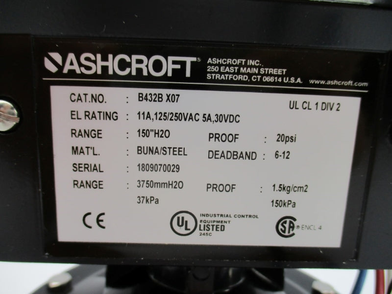 ASHCROFT B432B X07 125/250VAC 11A 20PSI NSMP