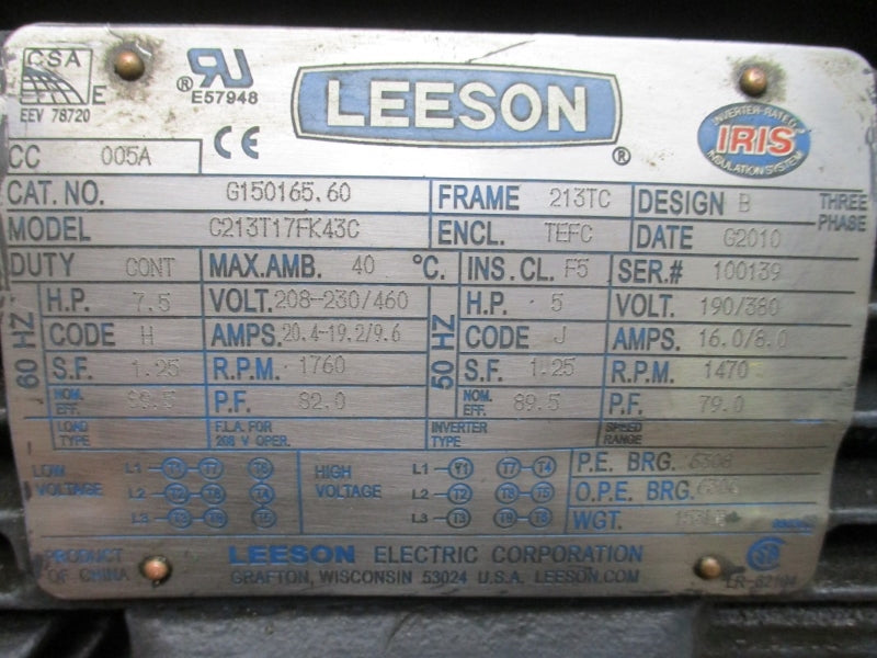 LEESON C213T17FK43C G150165.00 208-230/460V 20.4-19.2/9.6A UNMP