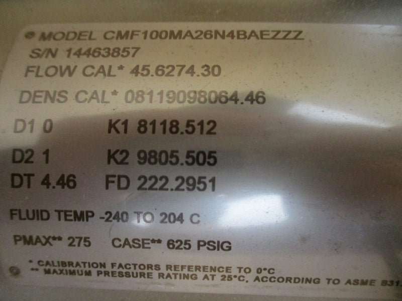 MICRO MOTION EMERSON CMF100MA26N4BAEZZZ 17.3V 625PSI -240'-+204'C NSMP