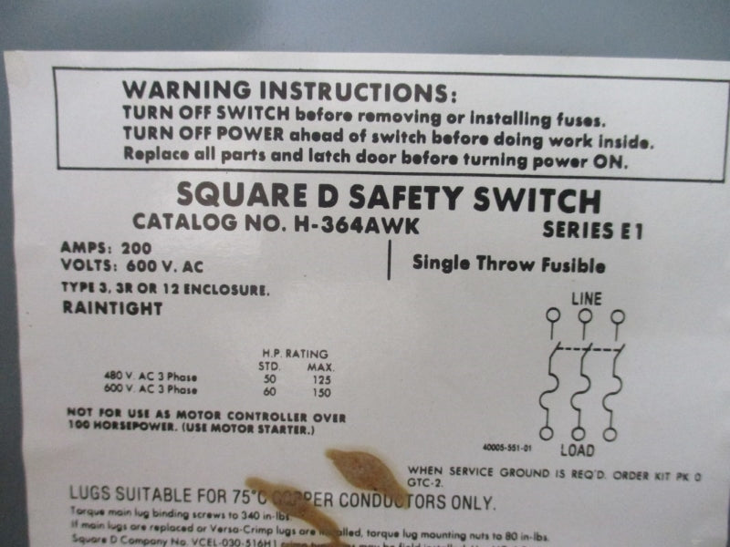SQUARE D H-364AWK SER. E1 600VAC 200A NSNP