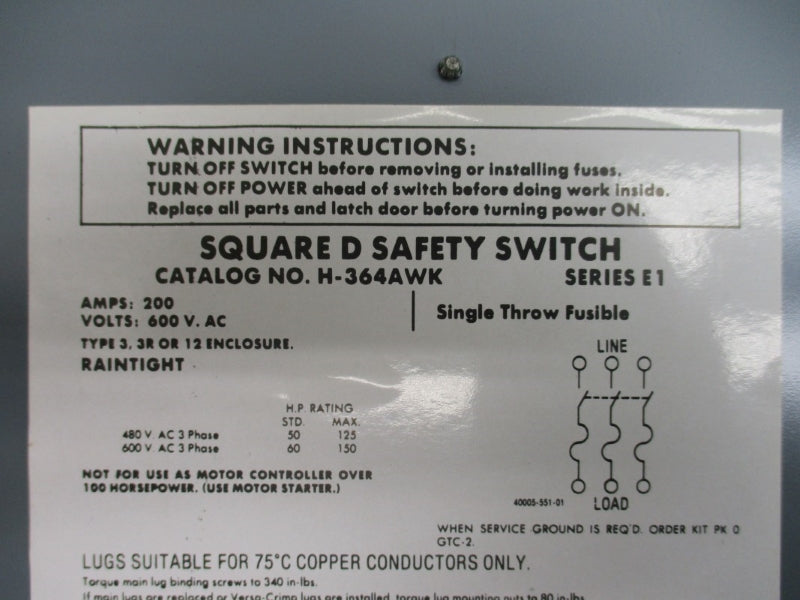 SQUARE D H-364AWK SER. E1 600VAC 200A NSMP