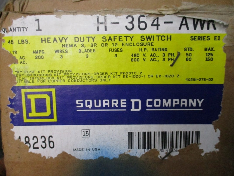 SQUARE D H-364AWK SER. E1 600VAC 200A NSMP