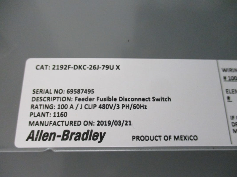 ALLEN BRADLEY 2192F-DKC-26J-79U SER. X 480V 100A NSMP