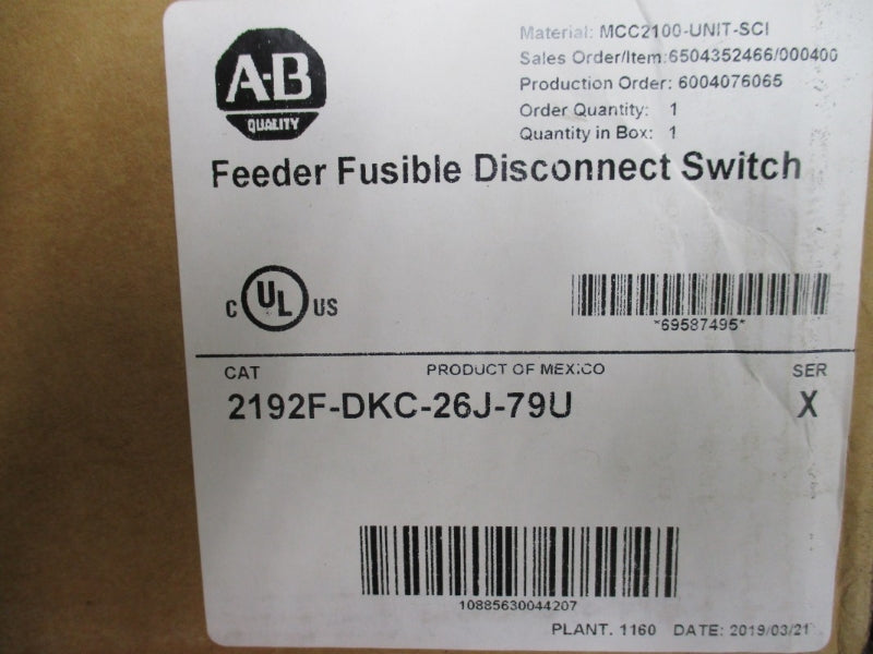 ALLEN BRADLEY 2192F-DKC-26J-79U SER. X 480V 100A NSMP