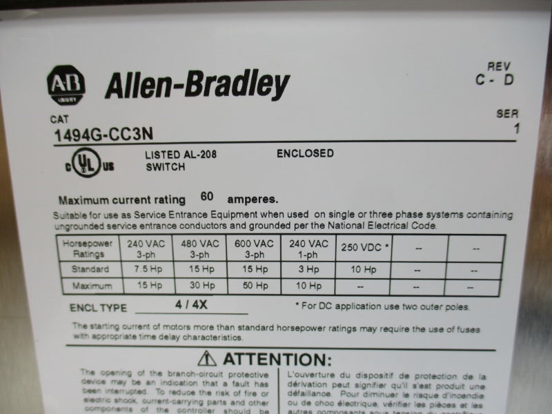 ALLEN BRADLEY 1494G-CC3N SER. 1 600VAC 60A NSMP