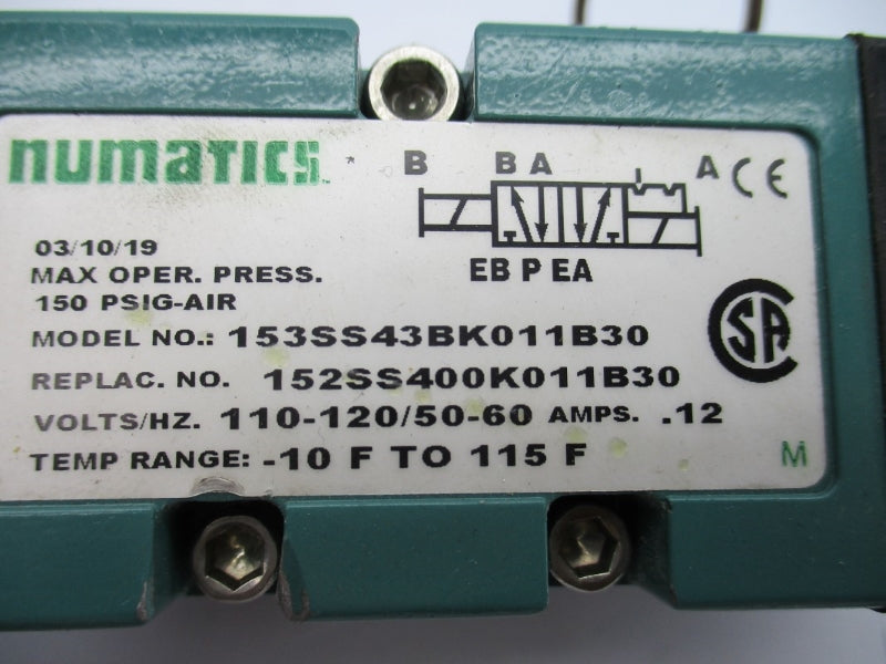 NUMATICS 153SS43BK011B30 110-120V .12A 150PSI NSNP