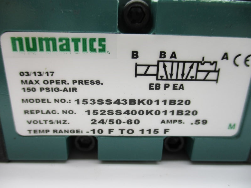 NUMATICS 153SS43BK011B20 24V .59A 150PSI NSNP