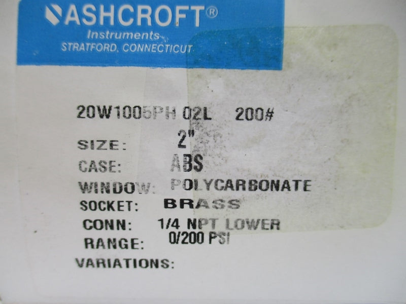 ASHCROFT 20W1005PH02L200# 200PSI 2" NSMP
