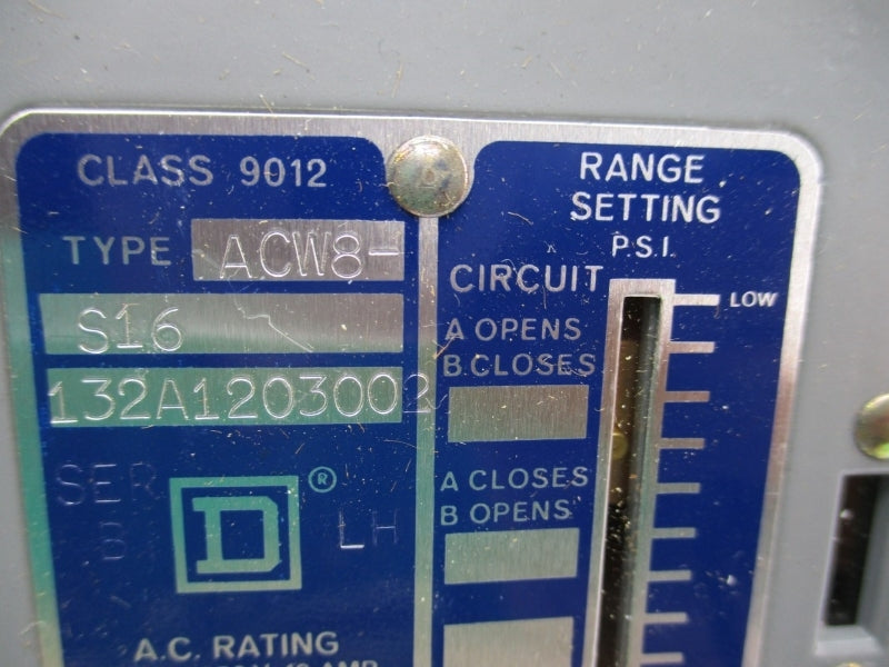 SQUARE D 9012ACW8-S16 SER. B 125/250VAC 10A 25-250PSI NSNP