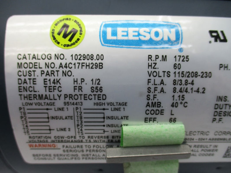 LEESON 102908-00 A4C17FH29B 115/208-230V 8/3.8-4A NSMP