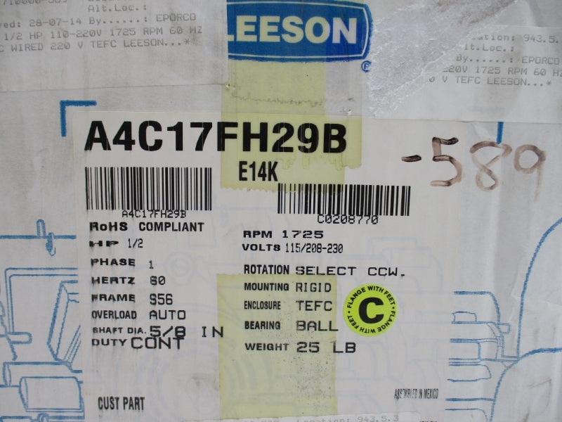 LEESON 102908-00 A4C17FH29B 115/208-230V 8/3.8-4A NSMP