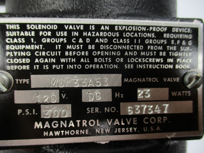 MAGNATROL VALVE M0F33A53 120VDC 300PSI NSNP