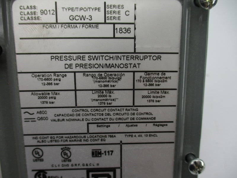 SQUARE D 9012GCW-3 SER. C 170-5600PSI NSMP