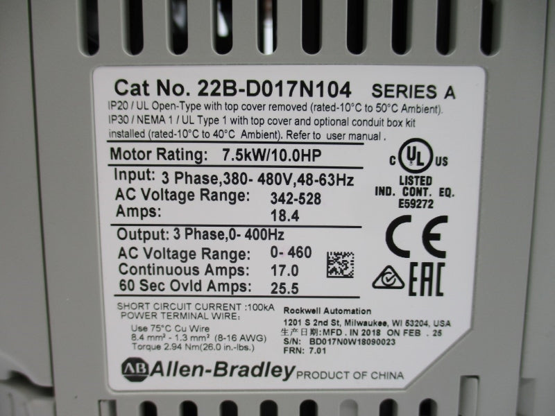 ALLEN BRADLEY 22B-D017N104 SER. A F/W 7.01 342-528V 18.4A NSMP