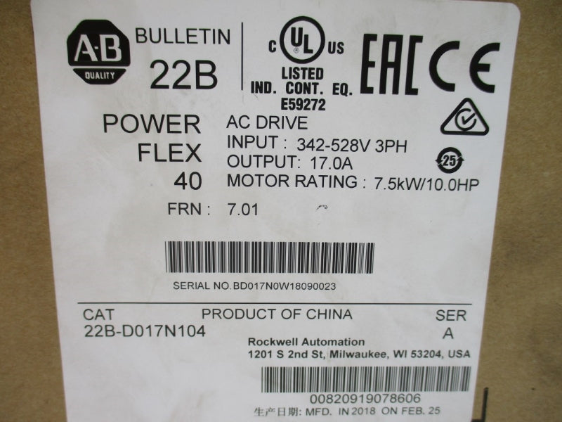 ALLEN BRADLEY 22B-D017N104 SER. A F/W 7.01 342-528V 18.4A NSMP
