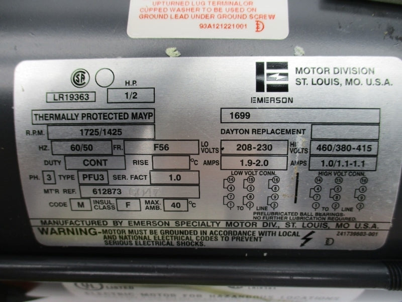 EMERSON LR19363 1699 6128730 208-230/460V 1.9-2.0/1.0A NSMP