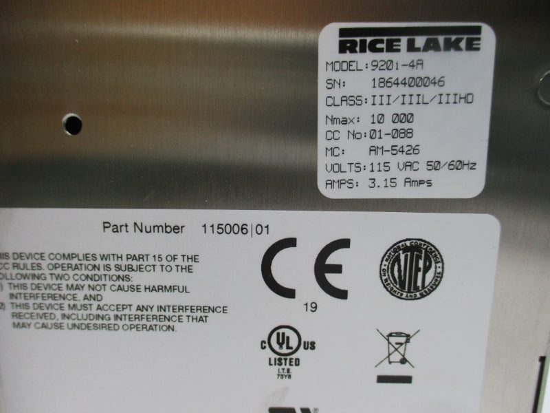 RICE LAKE 920I-4A 115006/01 115VAC 3.15A NSNP