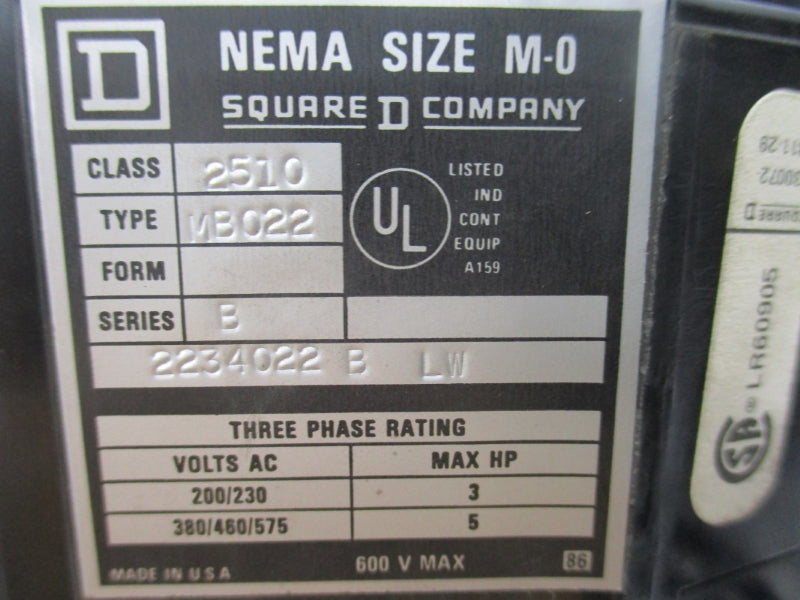 SQUARE D 2510MB022 SER. B 110/120V NSNP
