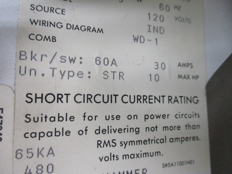 CUTLER HAMMER WD-1 5A11001H01 HDT66729001 480V 60A NSNP