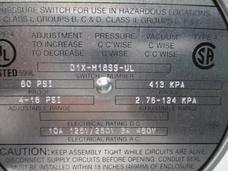 BARKSDALE D1X-H18SS-UL 480VAC 10A 60PSI NSNP