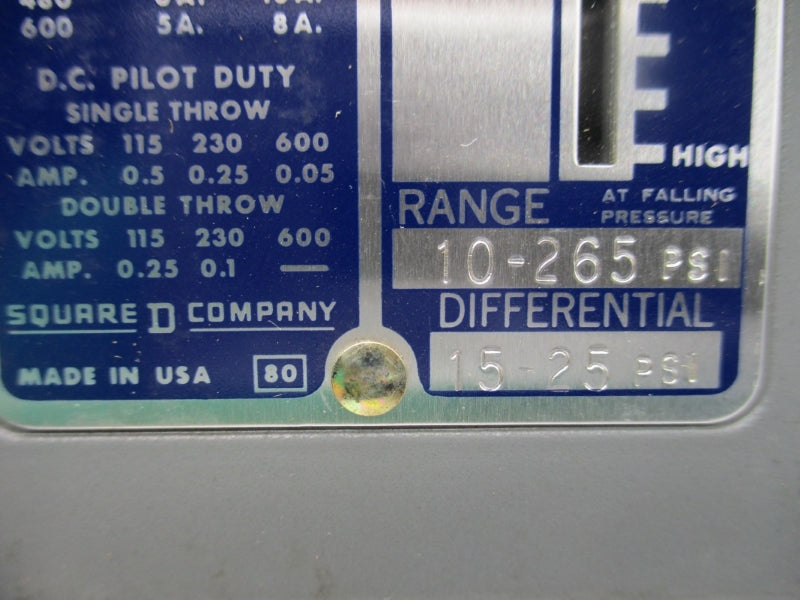 SQUARE D 9012ACW-9 SER. B 600VAC 15A 10-265PSI NSMP