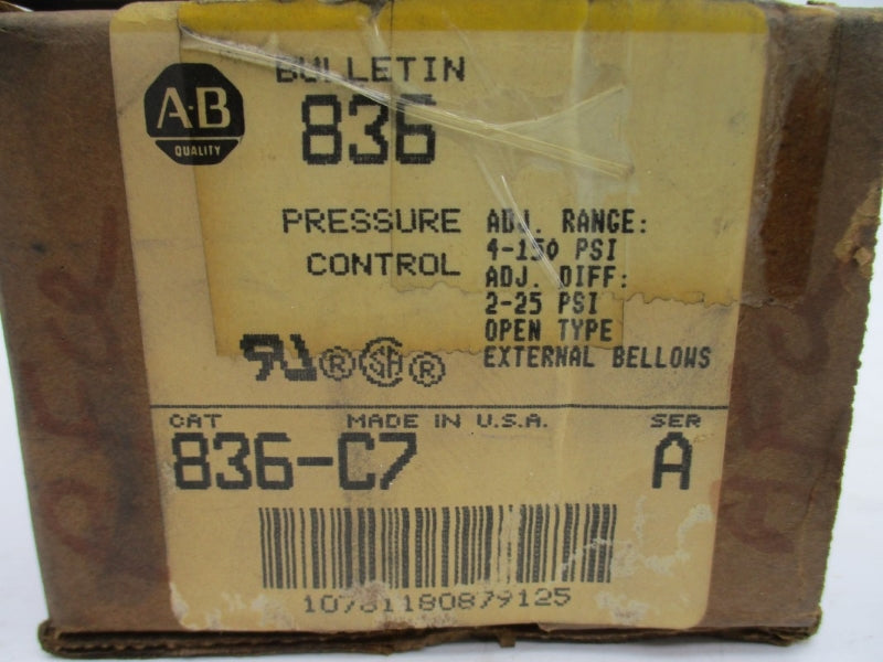 ALLEN BRADLEY 836-C7 SER. A 600VAC 4-150PSI  (AS PICTURED) (BR/YL) NSMP