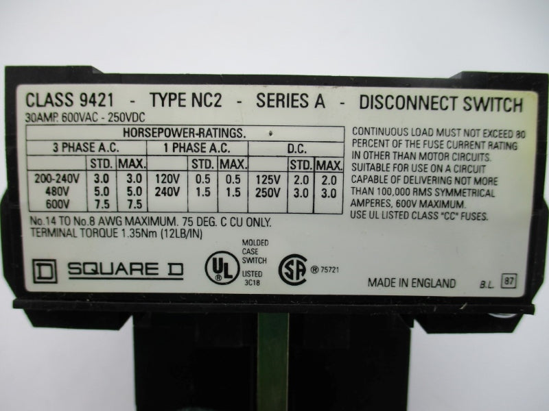 SQUARE D 9421NC2 SER. A 600VAC 30A NSMP