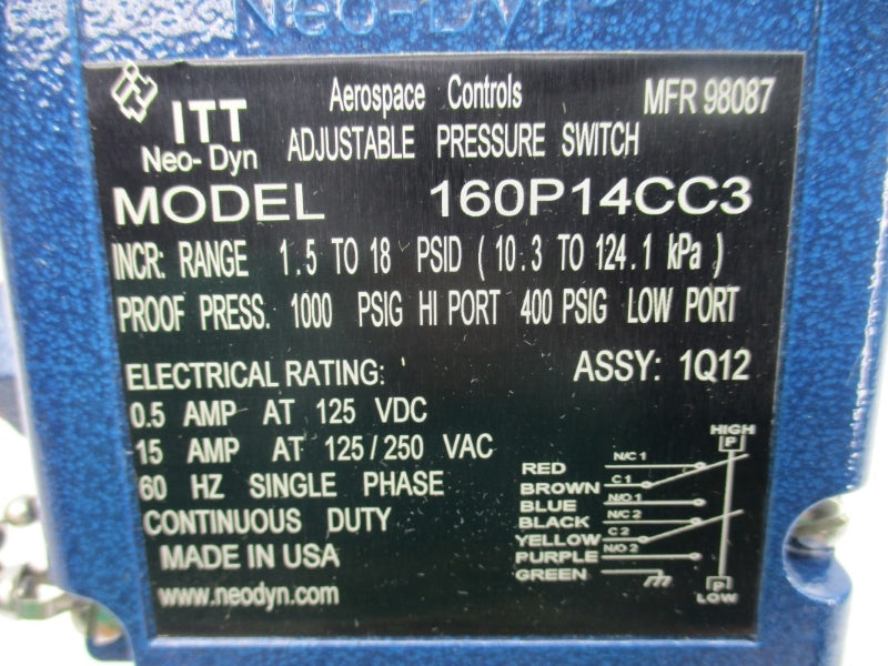ITT 160P14CC3 125/250VAC 15A 1000PSI NSMP