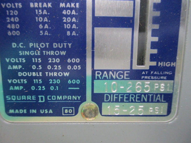 SQUARE D 9012ACW9 SER. B 600VAC 15A 10-265PSI NSNP