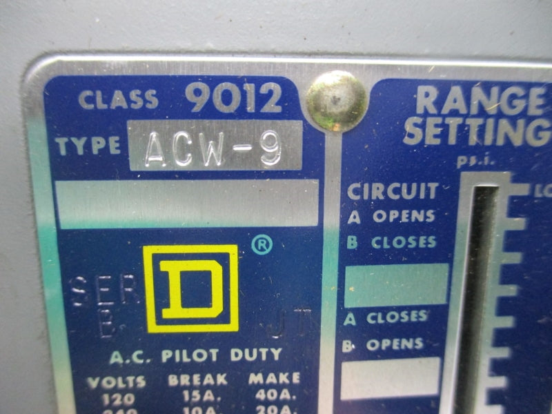 SQUARE D 9012ACW9 SER. B 600VAC 15A 10-265PSI NSNP