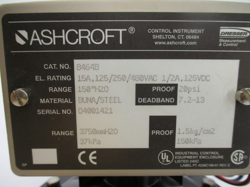 ASHCROFT B464B 480VAC 15A 20PSI 150"H20 NSMP