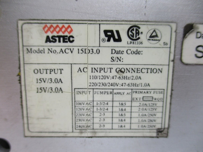 ASTEC ACV15D3.0 240VAC 2.0A UNMP