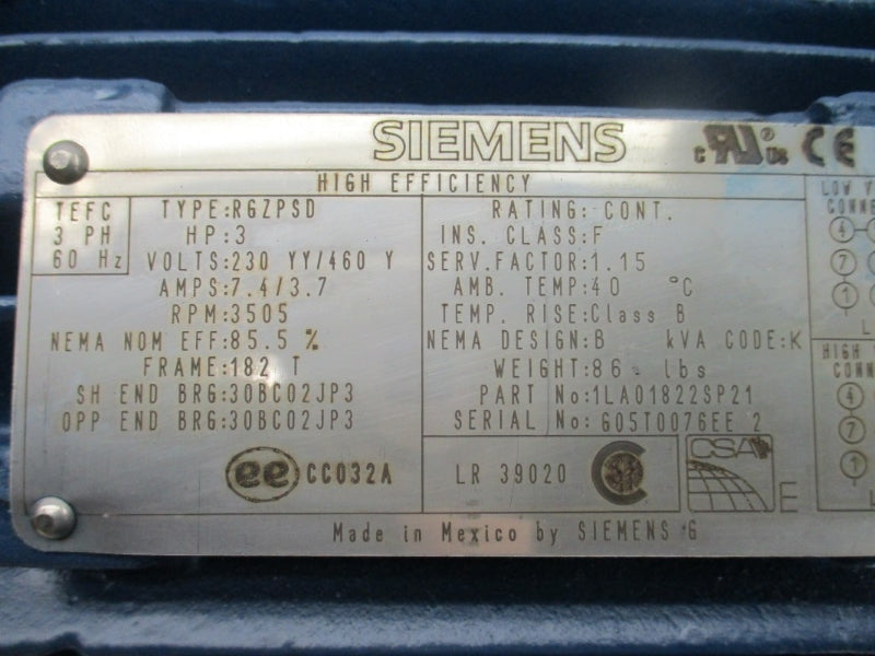 SIEMENS 1LA01822SP21 ESG6366 230/460V 7.4/3.7A NSMP