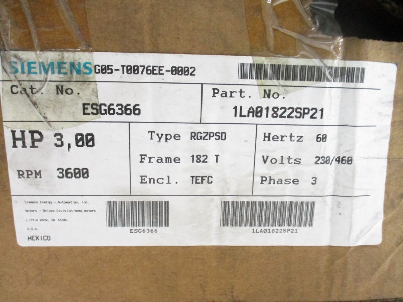 SIEMENS 1LA01822SP21 ESG6366 230/460V 7.4/3.7A NSMP