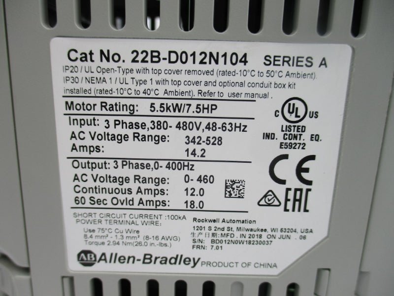 ALLEN BRADLEY 22B-D012N104 SER. A F/W 7.01 342-528VAC 14.2A NSMP