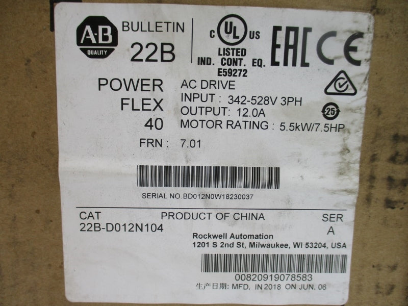 ALLEN BRADLEY 22B-D012N104 SER. A F/W 7.01 342-528VAC 14.2A NSMP