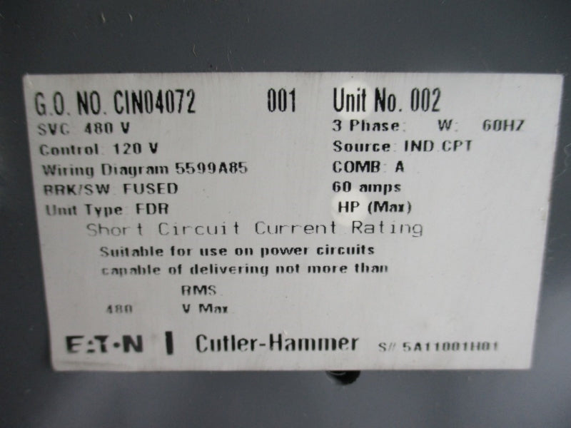 EATON CIN04072 5A11001H01 480V 60A (AS PICTURED) NSNP