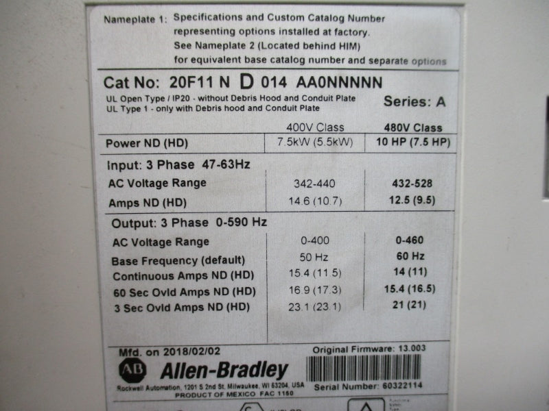 ALLEN BRADLEY 20F11ND014AA0NNNNN SER. A F/W 13.003 432-528VAC 12.5A UNMP