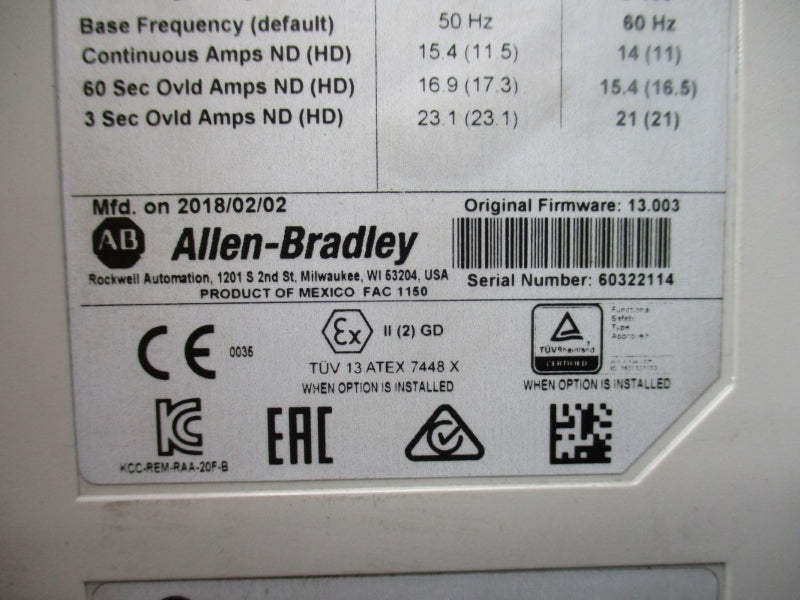 ALLEN BRADLEY 20F11ND014AA0NNNNN SER. A F/W 13.003 432-528VAC 12.5A UNMP