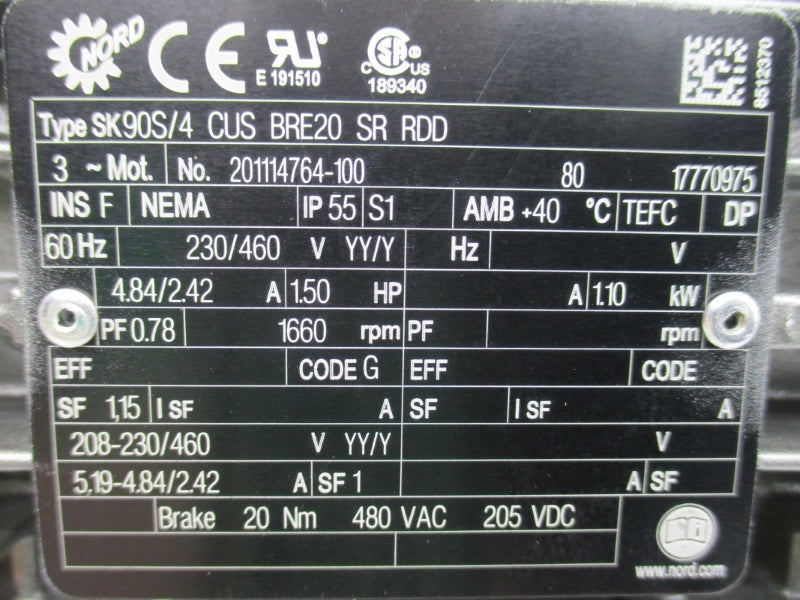 NORD SK90S/4CUSBRE20SRRDD 201114764-100 230/460V 4.84/2.42A NSNP