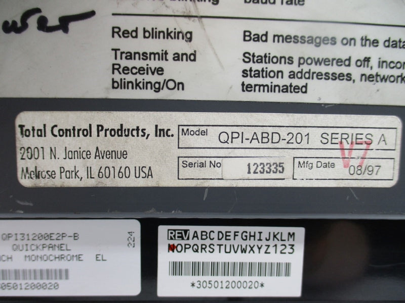 TOTAL CONTROL PRODUCTS QPI31200E2P-B QPI-ABD-201 SER. A 120VAC 9" UNMP