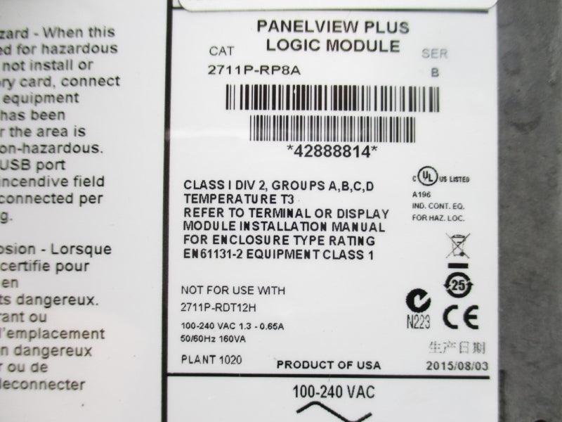ALLEN BRADLEY 2711P-T10C4A8 SER. A 100-240VAC 1.3-0.65A UNMP