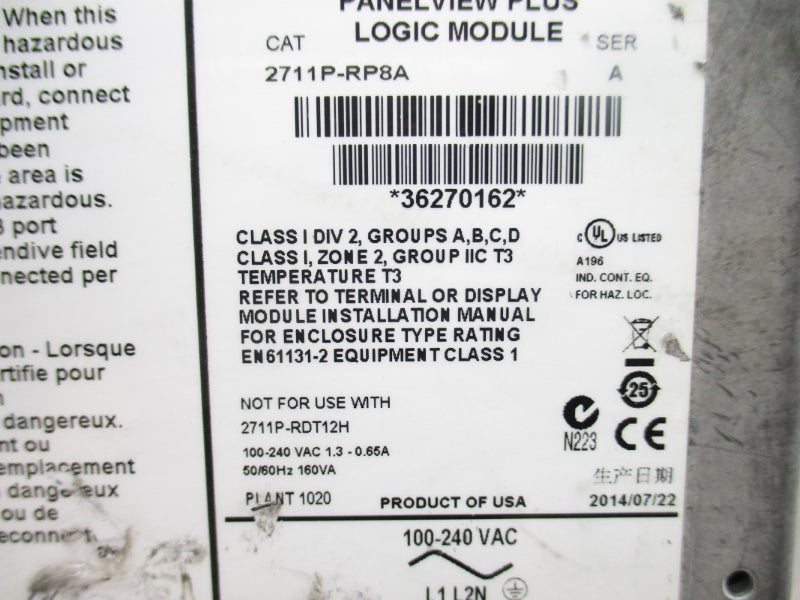 ALLEN BRADLEY 2711P-T15C4A8 SER. A 100-240VAC 1.3-0.65A (AS PICTURED) UNMP
