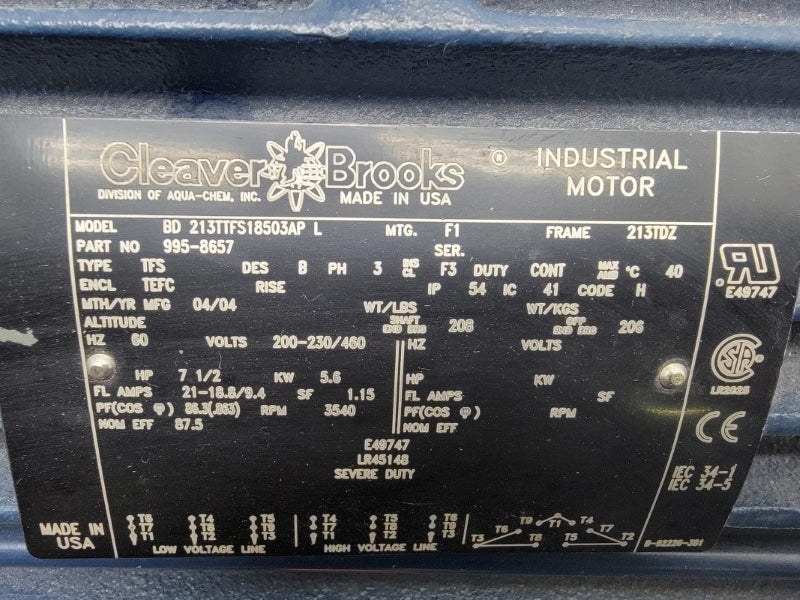 CLEAVER BROOKS BD213TTFS18503APL 995-8657 200-230/460V 21-18.8/9.4A NSNP
