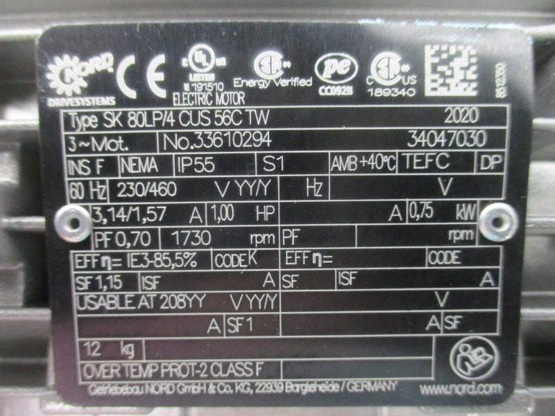 NORD SK80LP/4 CUS56CTW SK1282AZBG56C2.0-80LP/4 230/460V 3.14/1.57A NSNP