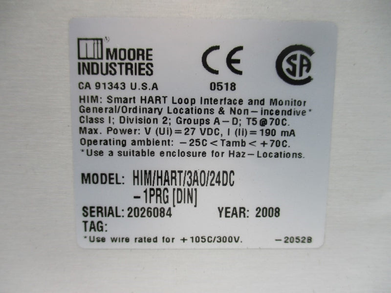 MOORE INDUSTRIES HIM/HART/3A0/24DC-1PRG(DIN) 27VDC NSNP