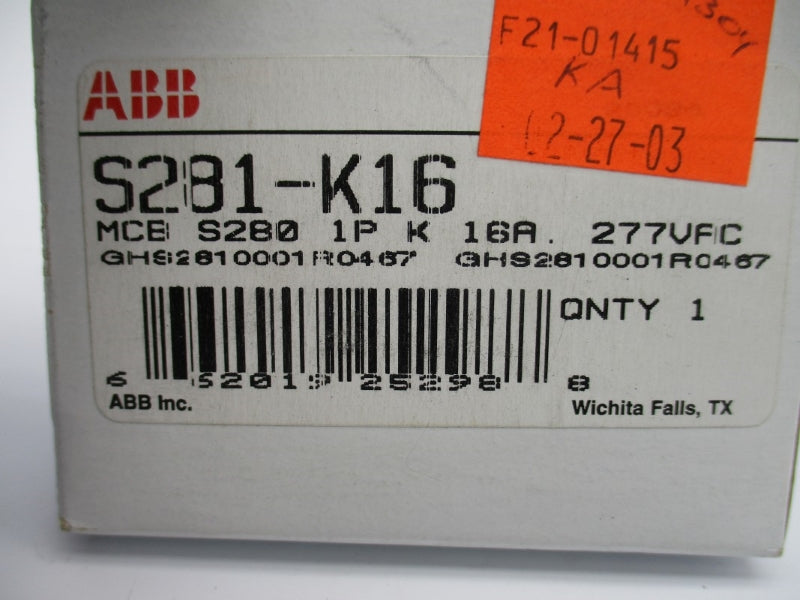 ABB S281-K16 277/480VAC 16A NSMP