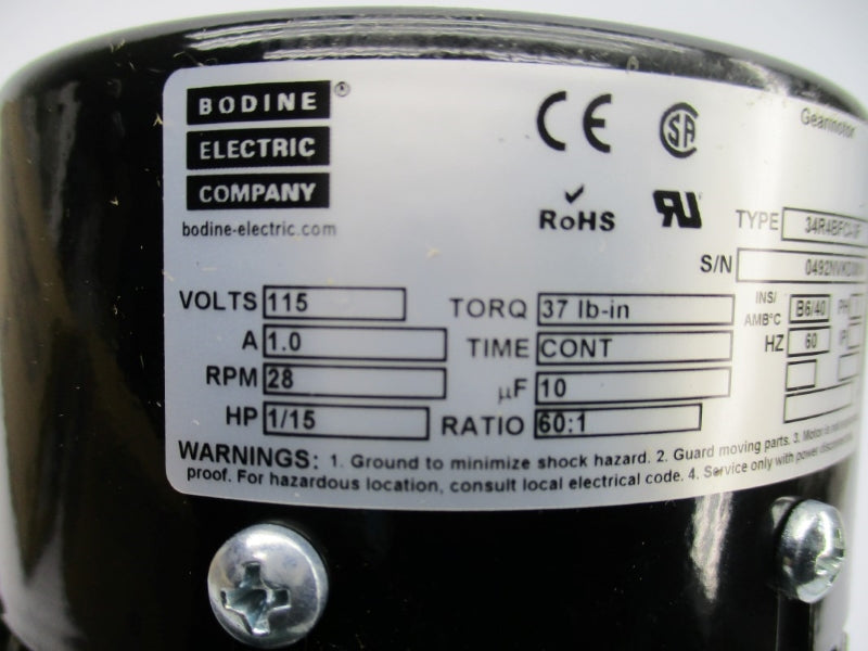 BODINE ELECTRIC 0492NV 34R4BFCI-3F 115V 1.0A NSMP